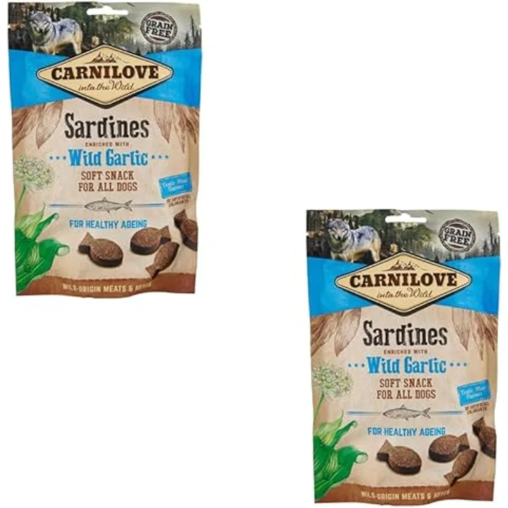 Carnilove Soft Snack Sardinen mit Knoblauch, Doppelpack 2 x 200 g, Soft Snack für Hunde zur Unterstützung der Haut- und Fellgesundheit, getreide- und kartoffelfrei