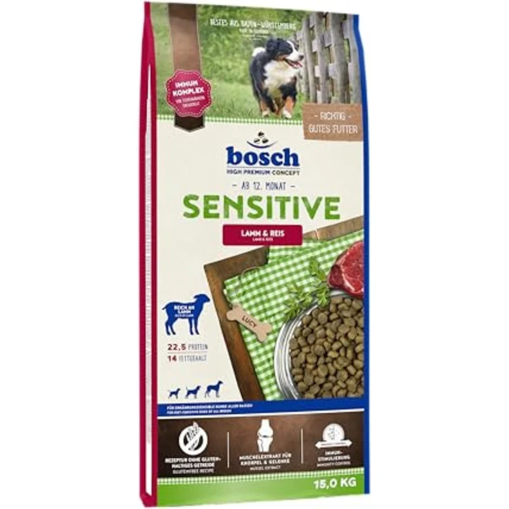 Bosch Trockenfutter Hund Adult Sensitive Lamm & Reis, 15 kg, für Hunde mit Unverträglichkeiten, hohem Reis-Anteil, immunstärkend – Bild 1