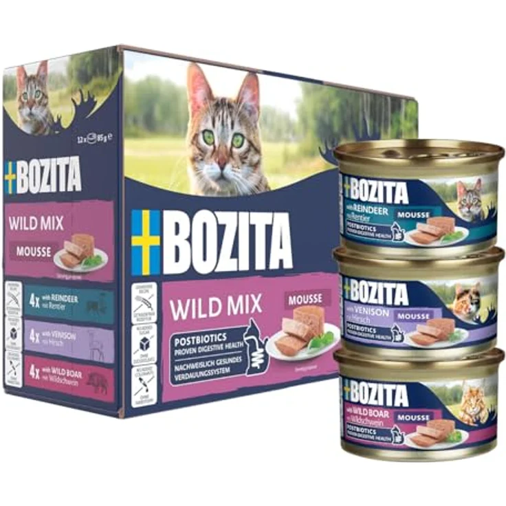 Bozita Mousse Mixed Wild, Katzen-Nassfutter mit Rentier, Hirsch und Wildschwein, 12x85g, getreidefrei und mit Postbiotika – Bild 1