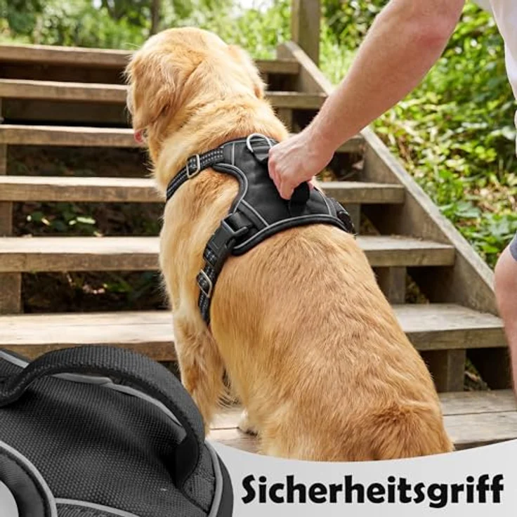 Funfox Anti-Zug Hundegeschirr für Mittelgroße Hunde, verstellbar mit Griff und Reflexstreifen, No Pull Brustgeschirr in Schwarz, Größe L – Bild 5