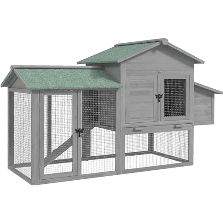 PawHut Hühnerstall Hühnerhaus mit Freilaufgehege, Nistkasten, Rampe und herausziehbarem Tablett, für 2-4 Hühner, grau – Bild 1