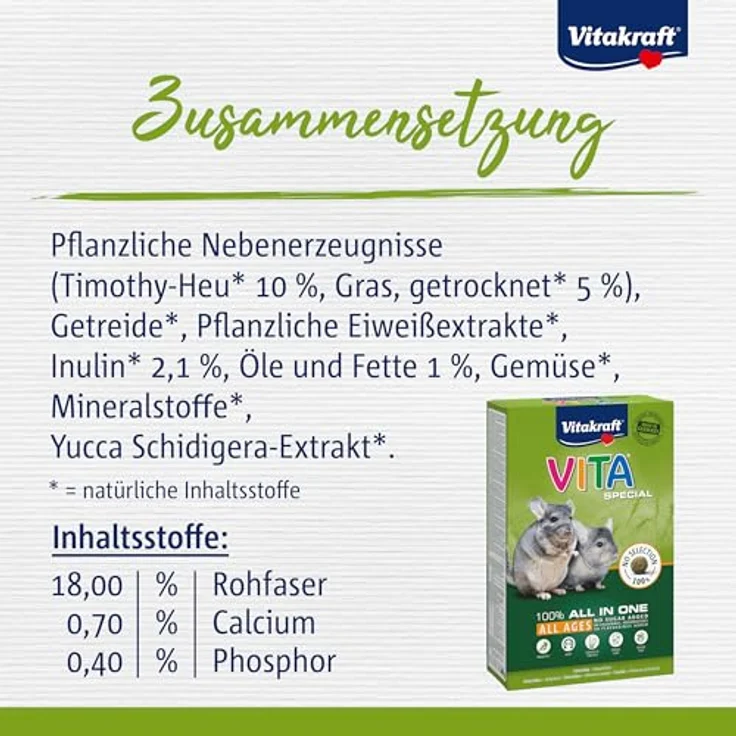 Vitakraft Vita Special All Ages, Chinchilla Futter mit Gräsern und Kräutern, optimale Verdauung, ohne Zucker und Getreide, 600g – Bild 4