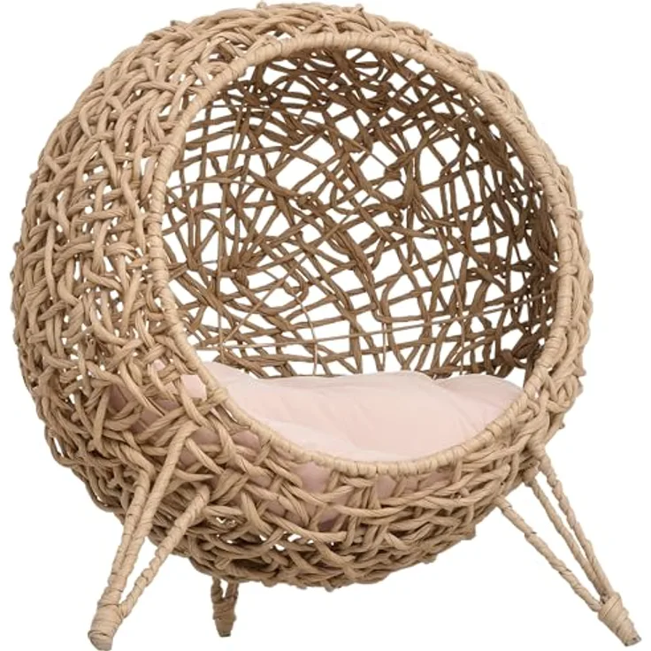 PawHut Katzenhaus aus Rattan mit Kissen, Katzenschlafplatz mit erhöhten Füßen und stabiler Konstruktion, Natur Ø52 x 58 cm