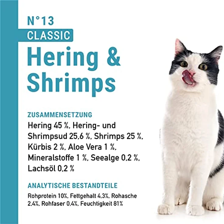 catz finefood N° 13 Hering & Shrimps, 6 x 800g Dosen, feine Feinkost mit Kürbis & Aloe Vera, ohne Konservierungsstoffe – Bild 4