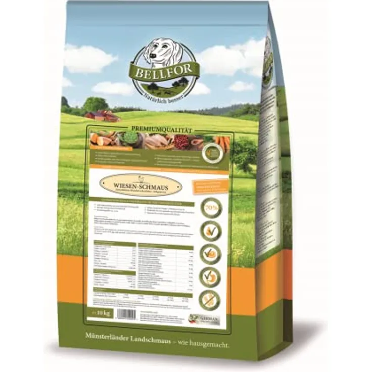 Bellfor Wiesen-Schmaus, Hochwertiges Kaltgepresstes Trockenfutter für Hunde mit Huhn, Getreidefrei, Allergikerfreundlich, 10 kg