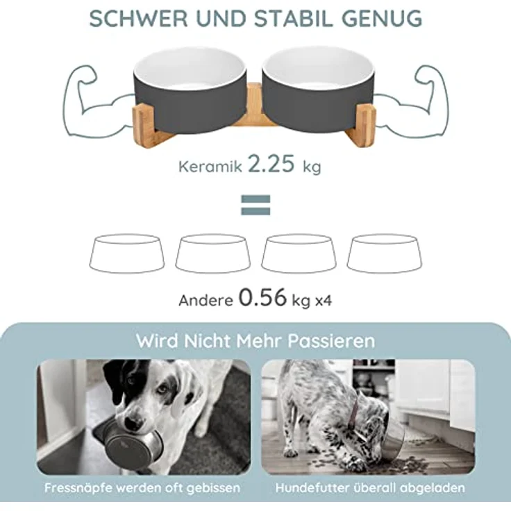SPUNKYJUNKY Hundenapf Keramik, ergonomisch erhöhter Futternapf mit Bambusständer für große Hunde und Katzen, 850ml, Weiß Grau – Bild 3