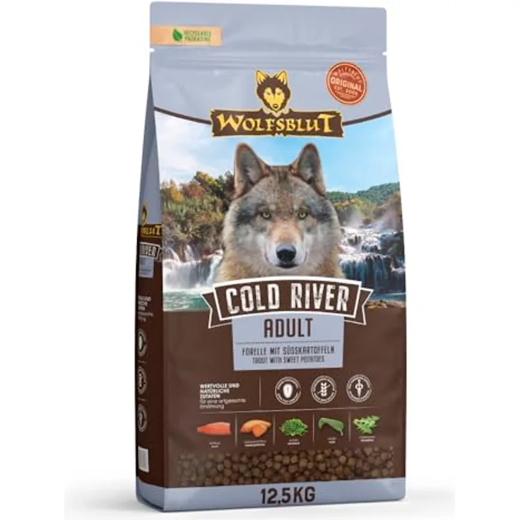 WOLFSBLUT Cold River Trockenfutter für Hunde Adult, 12,5 kg, getreidefreie Rezeptur mit Forelle und Süßkartoffeln, reich an Superfoods