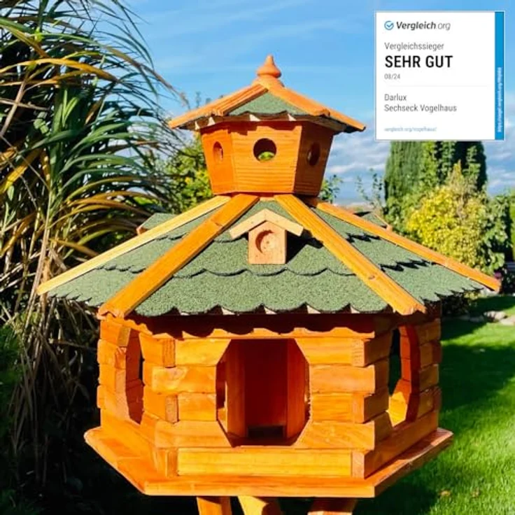 DARLUX handgefertigtes Sechseck Vogelhaus aus Holz, wetterfest, Größe XXL ohne Ständer, Grün - Braun, Futterhaus mit Bitumschindeldach – Bild 1