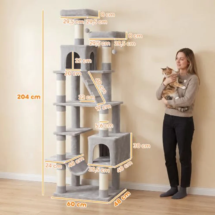 PawHut Kratzbaum 204 cm, mehrstöckig mit 2 Höhlen, Leiter, stabil, hellgrau – Bild 8