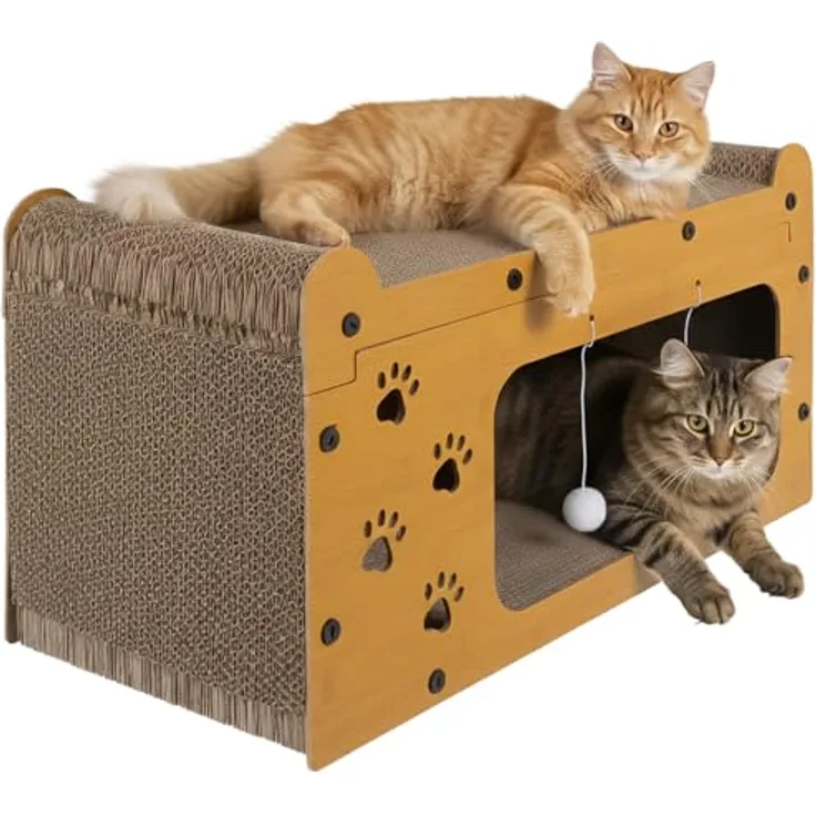 Purlov Katzen Kratzhaus 3-in-1, mit 2 Ebenen, HDF & extra fester Wellpappe, Liegeplatz + Kratzfläche + Spiel, stabil & rutschfest, für 1–2 Katzen, inkl. Bälle, 29,5×56×27 cm, Eco Design