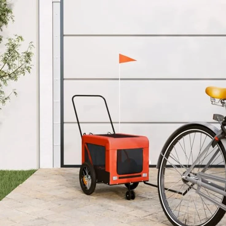 vidaXL Hunde-Transportbox Fahrradanhänger Hunde Orange und Schwarz Oxford-Gewebe Eisen mit PVC-Dach und Reflektoren – Bild 3