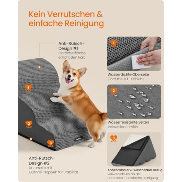 Feandrea Hundetreppe 3 Stufen, Kurzplüsch, wasserdicht und rutschfest, für Bett und Sofa, abnehmbarer waschbarer Bezug, schiefergrau PPS013GN01 – Bild 5