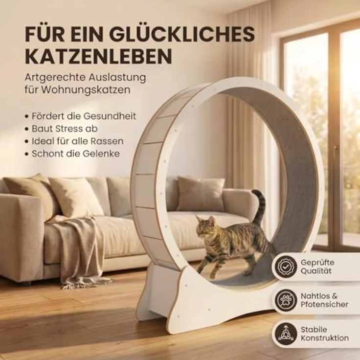 noviclass® Katzenlaufrad Baghira Groß XXL, 132 cm Durchmesser, artgerecht für große Katzen, kratzfest, stabil und leise, weiß, inkl. Gratis Spielzeug und E-Book, geprüfte Qualität – Bild 2