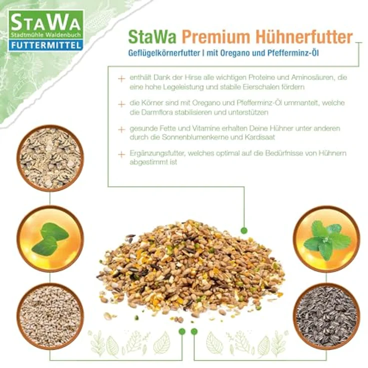 STAWA Premium Hühnerfutter, Geflügelkörnerfutter ohne Gentechnik, mit Oregano-Öl und Pfefferminz-Öl, 5 kg – Bild 4