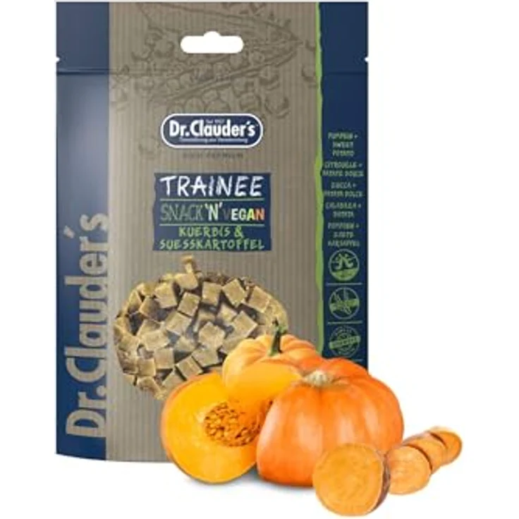 Dr.Clauder's Trainee Snack Vegan Kürbis & Süßkartoffel, proteinreiche, getreidefreie Hundesnacks mit Erdnussbutter, 80g Frischebeutel – Bild 1