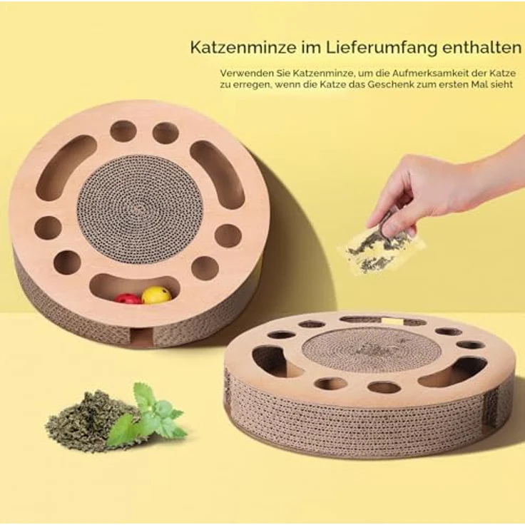 Nobleza 3-in-1 Katzenkratzbrett mit Minze, interaktives Spielzeug mit 2 Klingelballs aus Wellpappe – Bild 3