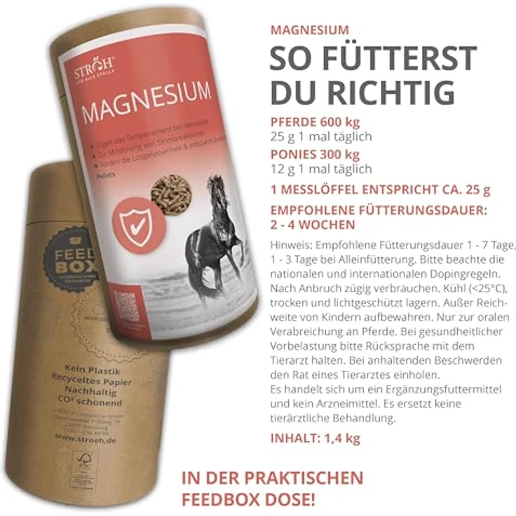 STRÖH Magnesium Pferd, 1,4 kg Feedbox Dose, mit Vitamin B12 und E, Ergänzungsfuttermittel zur Unterstützung von Stoffwechsel und Nerven für Pferde – Bild 4