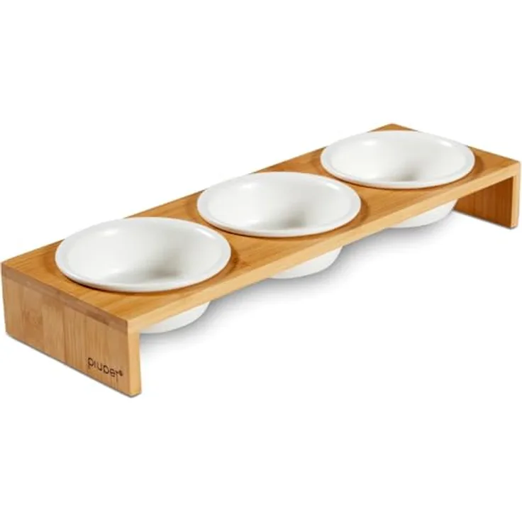PiuPet 3er Katzennapf Set, Keramikfressnäpfe mit Bambus-Napferhöhung, 250ml, rutschfest und spülmaschinenfest