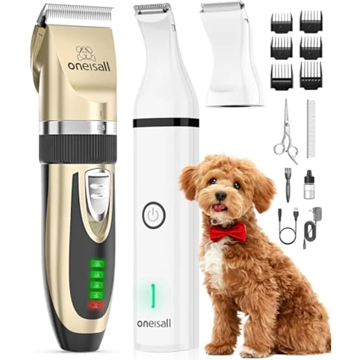 oneisall Hunde-Haarschneidemaschine 3-in-1-Set, geräuscharm und schnurlos, mit LCD-Display, inkl. Pfotentrimmer und 6 Führungsschienen – Bild 1