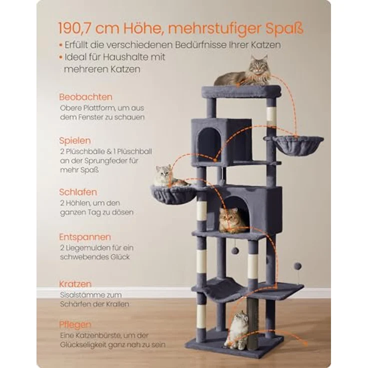 Feandrea Kratzbaum groß, 190,7 cm hoch, XXL, mehrstöckiger Katzenbaum mit 2 Höhlen, 2 Liegemulden, 5 Kratzsäulen, Katzenbürste, große Plattform, dunkelgrau – Bild 4