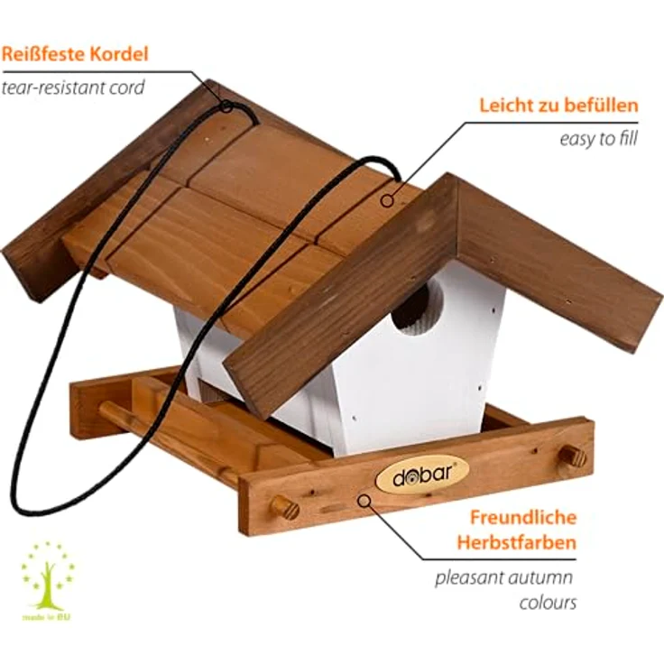 dobar® Green Label Vogelhaus Goldener Oktober, 2er-Set Futterstationen für Wildvögel, 22,5 x 21 x 16 cm, braun/weiß, mit 1 Liter Futtersilo und Aufhängung – Bild 2