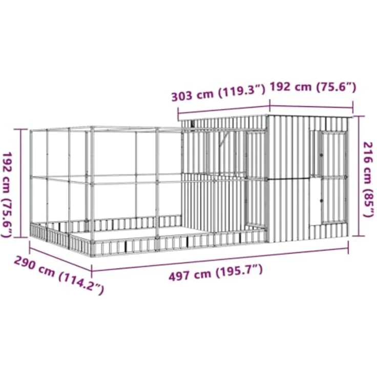 vidaXL Voliere mit Erweiterung, großer Vogelkäfig aus verzinktem Stahl, 497x303x216 cm, silbern, für Wellensittiche und Papageien – Bild 3