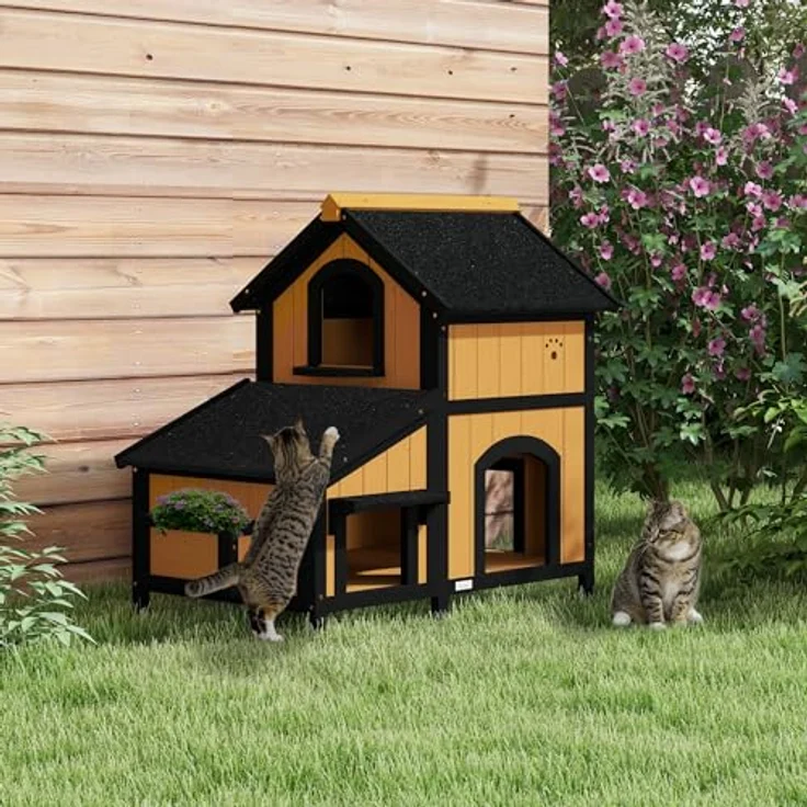 PawHut Katzenhaus, Tannenholz, Outdoor Katzenhütte mit 2 Etagen, mehreren Eingängen, winterfest mit Asphaltadach, Blumenkasten, erhöhtes Design, gelb, 96 x 65 x 85,5 cm – Bild 2