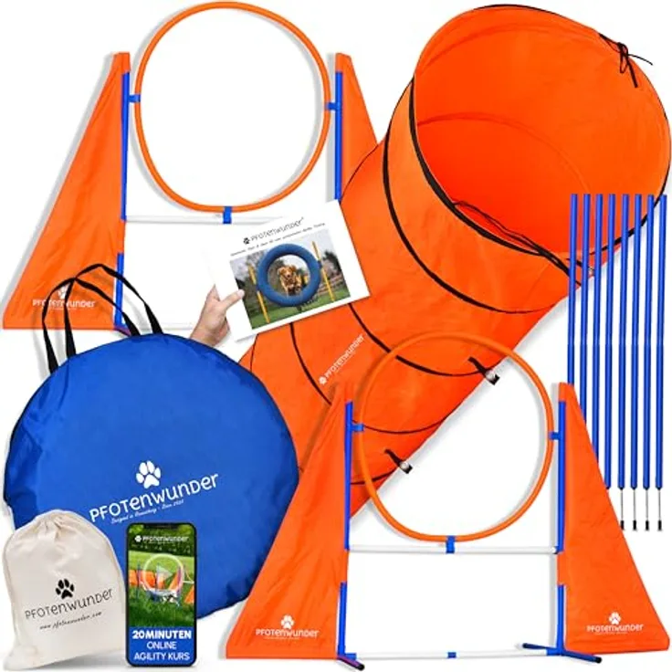 PfotenWunder® XXL-Profi-Agility Set für Hunde, inkl. 3 Meter Tunnel, 6 Slalomstangen und 21 Min. Trainingsvideo zur Hundeschule, ideal für kleine & große Hunde