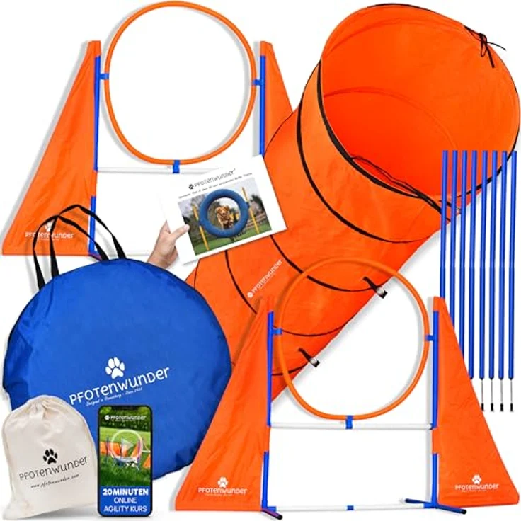 PfotenWunder® XXL-Profi-Agility Set für Hunde, inkl. 3 Meter Tunnel, 6 Slalomstangen und 21 Min. Trainingsvideo zur Hundeschule, ideal für kleine & große Hunde – Bild 1