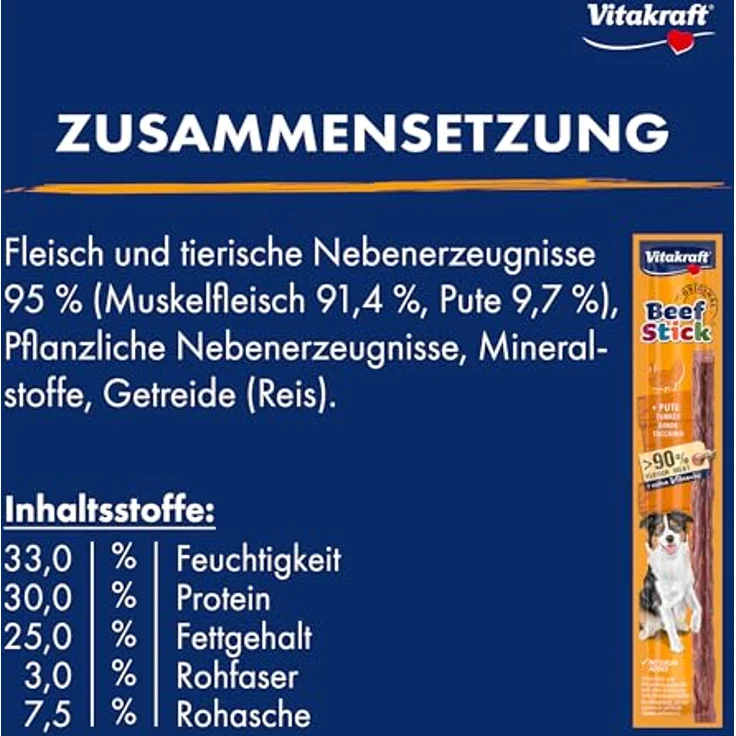 Vitakraft Beef Stick Pute, Hunde Trainingsleckerli ohne Zucker, 12g, mit hochfliegendem Echtfleischanteil – Bild 4