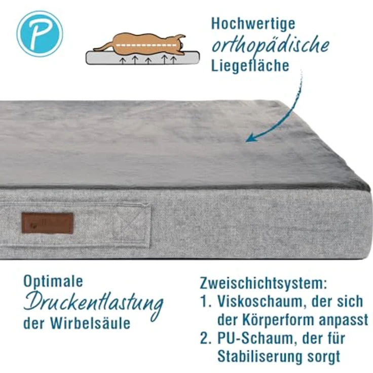 Petlando Merano Ortho, orthopädisches Hundebett + Katzenbett mit zwei verschiedenen Schichten, rutschfester Unterseite, abnehmbarer, waschbarer Bezug, in Größe S (72 x 50 x 8 cm) bis XXL (140 x 100 x 12 cm) – Bild 2