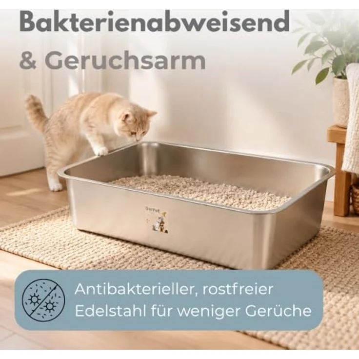 GarPet Katzentoilette XL, Edelstahl Katzenklo aus Silber mit Wanne, 60x40x15 cm – Bild 3