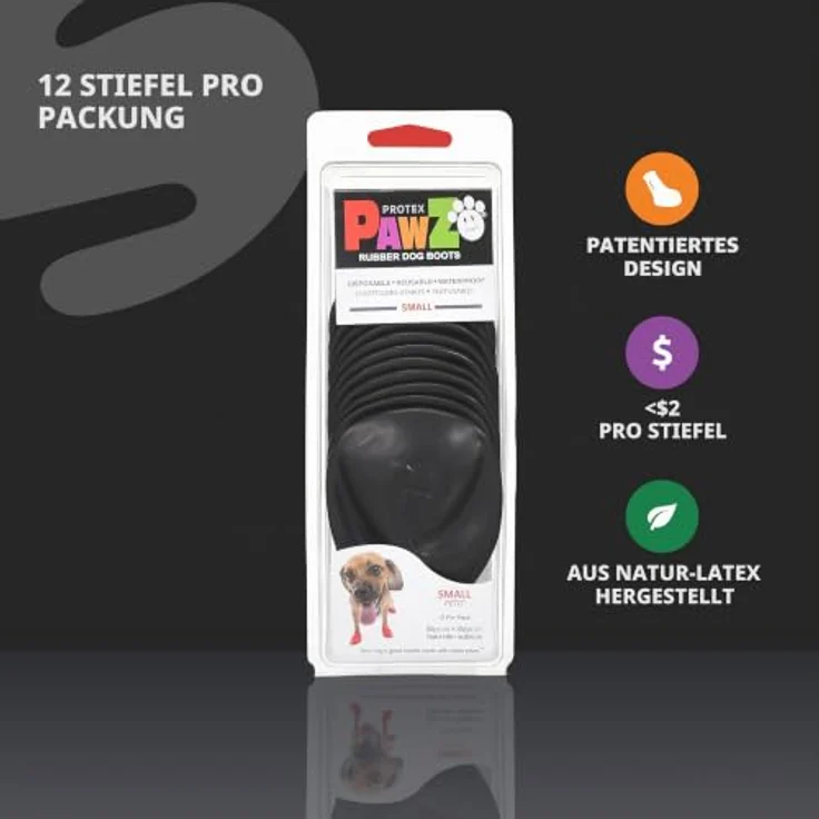 Pawz Hundeschuhe S, 6.4 cm, schwarz, 12 Stück, wasserdicht und wiederverwendbar, 100% Naturkautschuk, Pfotenschutz bei Schnee und Frost – Bild 2
