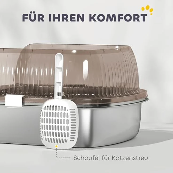 PawHut Edelstahl Katzenklo, offene Katzentoilette mit hohem Rand, Wanne und Streuschaufel, für große Katzen bis 15 kg, 53 x 42 x 27 cm, Kohlegrau – Bild 5