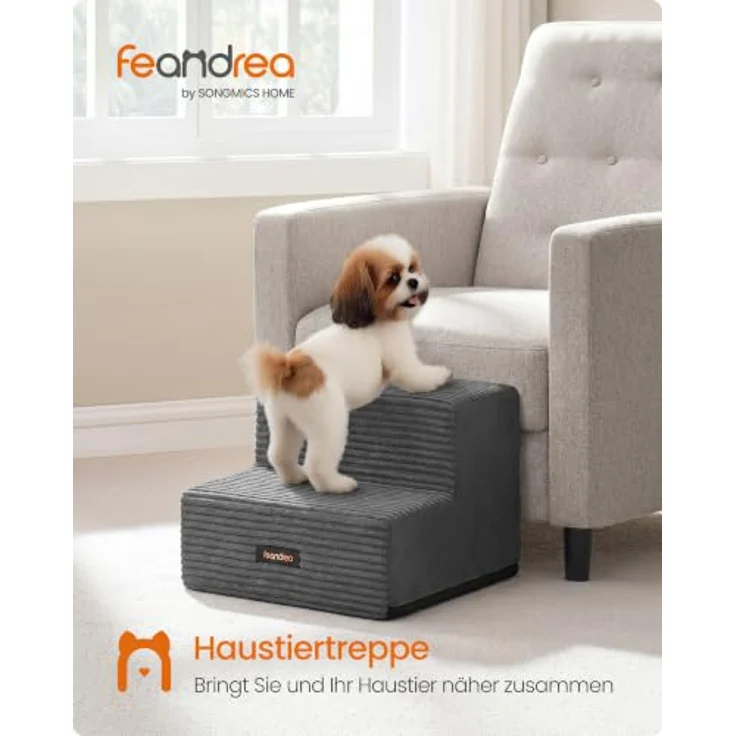Feandrea Hundetreppe Baddi Kollektion PPS022GN01, 2-stufige Katzentreppe aus Schaumstoff, Bleigrau, waschbar und rutschfest, 30 x 38 x 28 cm für kleine Hunde – Bild 2