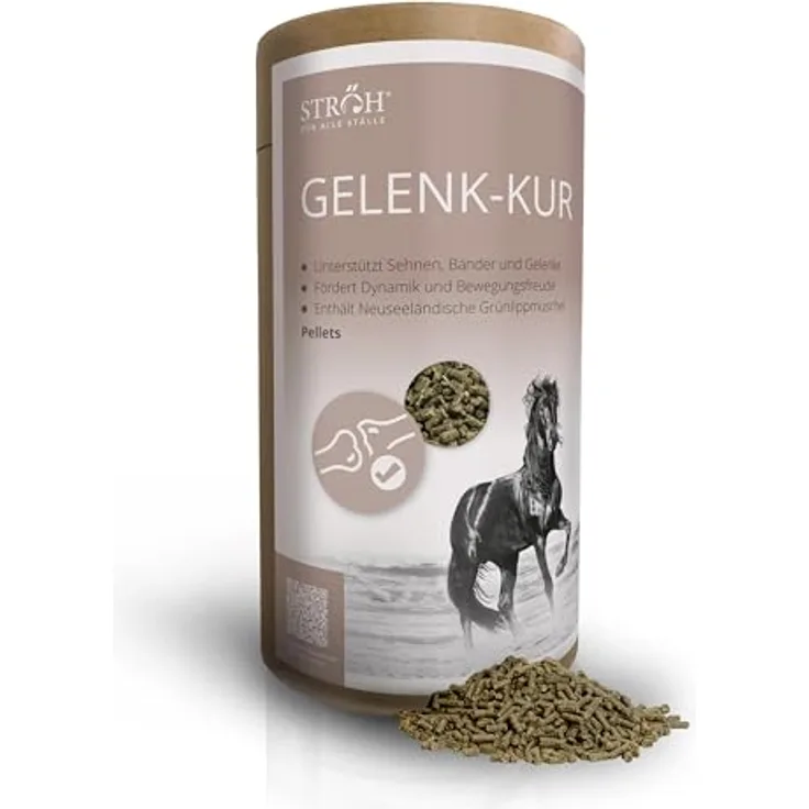 STRÖH Gelenk-Kur für Pferde, 1,1 kg Dose mit Grünlippmuschel, Kollagen, Antioxidantien & Omega-3-Fettsäuren zur Unterstützung von Gelenken, Bändern & Sehnen