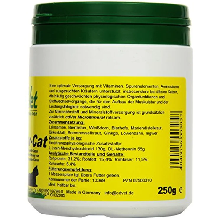 cdVet SeniorCat, Ergänzungsfuttermittel für ältere Katzen, 250 g Pulver zur Unterstützung bei allgemeiner Schwäche und Mangel an Agilität – Bild 2