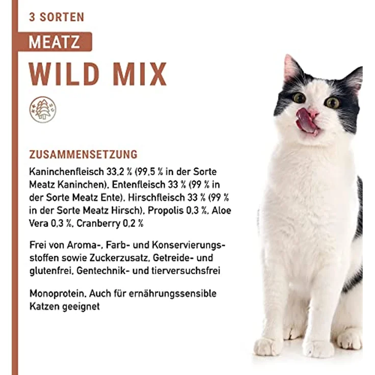 Catz Finefood Meatz Wild Mix, Katzensnack mit Kaninchen, Ente und Hirsch, 45g, ohne Getreide- und Zuckerzusatz – Bild 5