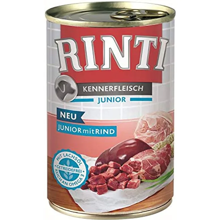 Rinti Kennerfleisch Junior Rind 400g, Hochwertiges Hunde-Nassfutter mit 25% Rind, 12 Packungen