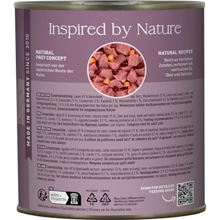 catz finefood N° 11 Lamm & Kaninchen Feinkost Katzenfutter, nass, 49% Lamm, 21% Kaninchen, verfeinert mit Cranberries & Karotte, 6 x 800g Dosen – Bild 3