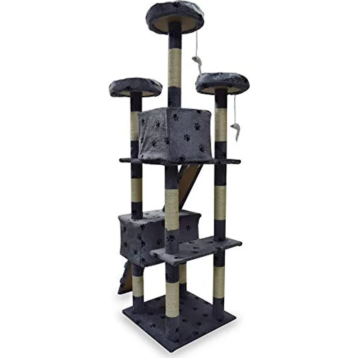 BITUXX XL Katzen Kratzbaum, 170 cm hohe Sisal Kratzsäule mit 3 Aussichtsplätzen und 2 Plüschhöhlen, Hellgrau mit Pfote – Bild 4