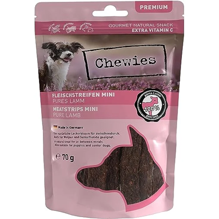 Chewies Fleischstreifen Mini aus 100% Lamm, 70 g, hypoallergen & getreidefrei, getrocknete Kausnacks für Hunde – Bild 1