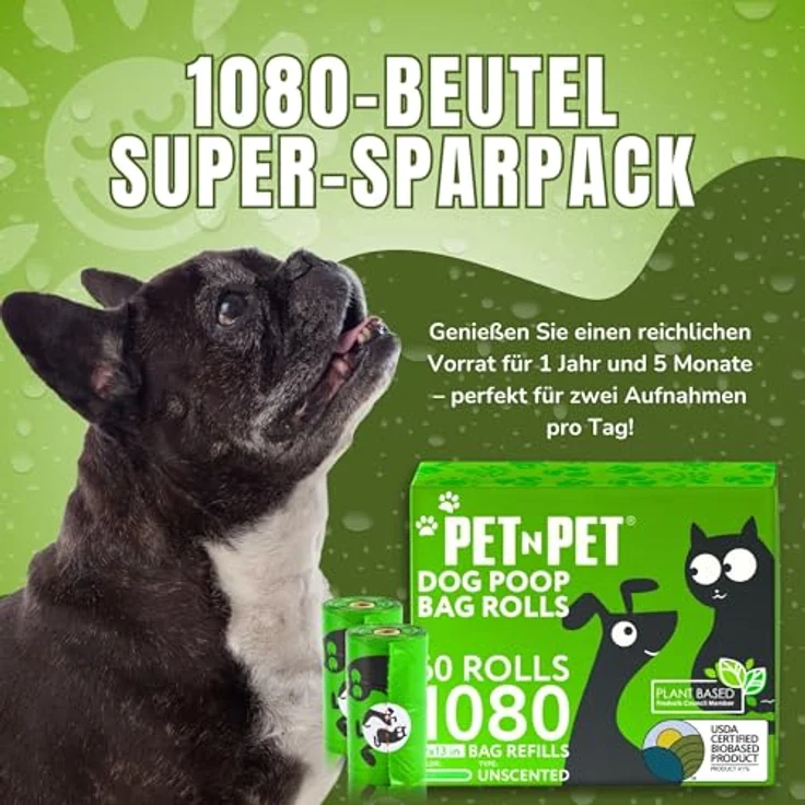 PET N PET Hundekotbeutel, 1080 Stück, biologisch abbaubar, 60 Rollen, Pea Green, extra dick und auslaufsicher – Bild 4