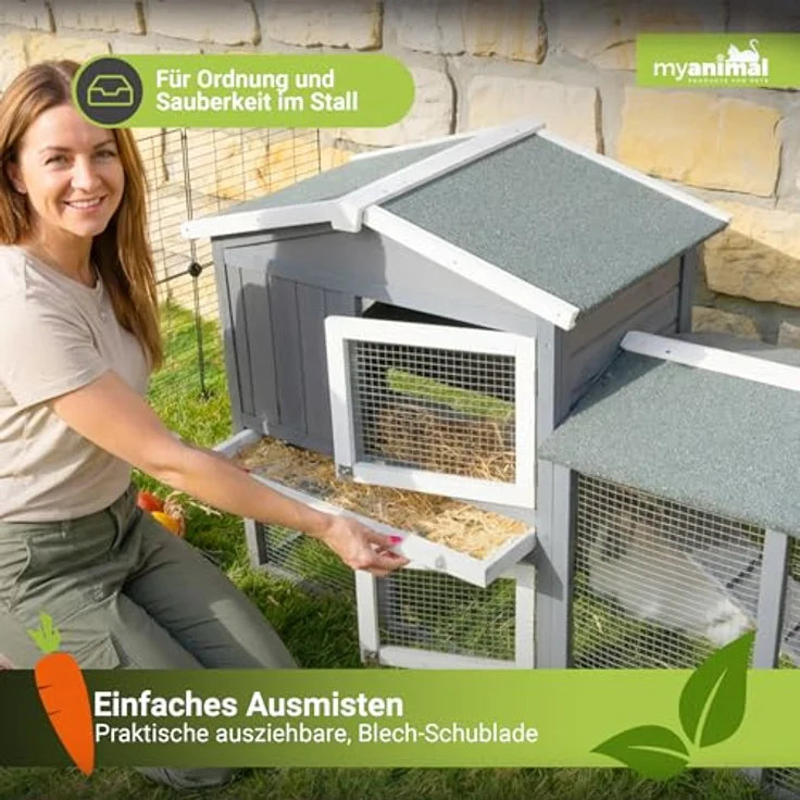 Miweba MyAnimal Hasenstall MH-03, Kleintierkäfig aus imprägniertem Holz mit Freilaufgehege, wetterfest, grau/weiß – Bild 4