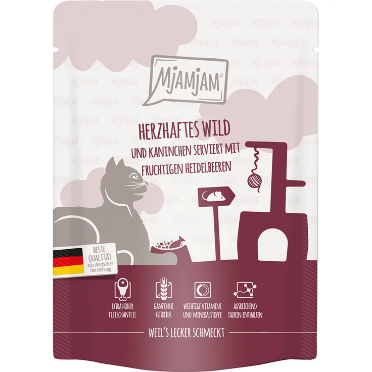 MjAMjAM Quetschie 6 x 300 g, Katzen-Nassfutter mit herzhaftem Wild &  Kaninchen und fruchtigen Heidelbeeren, ohne Zuckerzusatz und Getreide:  Tests, Infos & Preisvergleich