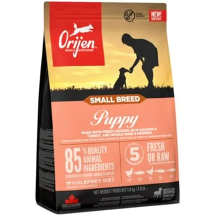 Orijen Small Breed Puppy, Trockenfutter für Welpen kleiner Rassen, 1,8 kg, frei von Getreide und Gluten, hochwertige Zutaten für gesunde Haut und glänzendes Fell