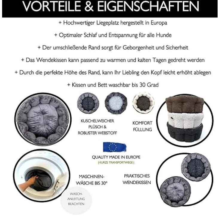 Lebon Hundebett Wilma, Hochwertig und Made in EU, 75x65x25cm, Kuschelweich, Hoher Rand, Waschbar, Bester Liegekomfort, Schwarz – Bild 2