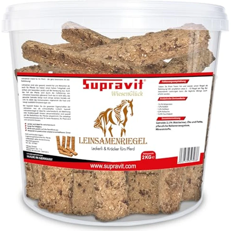 Supravit Leinsamen Pferde Leckerlies, 2kg Eimer, gesunde Riegel ohne Zucker, ideal für Fell, Haut & Immunsystem, praktisch wiederverschließbar – Bild 1