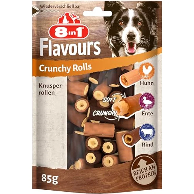 8in1 Flavours Crunchy Rolls, Hunde-Snacks mit Hähnchenbrust, Entenbrust oder Rindfleisch, knusprige Leckerlis, 85 g Beutel – Bild 1