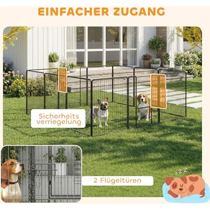 PawHut Welpenlaufstall Faltbar, 12-Teiliges, modulares Gehege für Mittlere Hunde, 100 cm, grau, inklusive Sicherheits-Türen und Erdspießen – Bild 4
